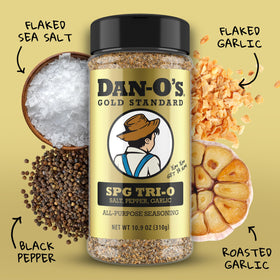 Dan-O's SPG Tri-O label close-up highlighting garlic and pepper notes.