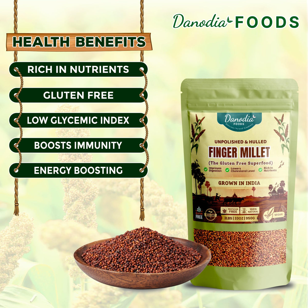 Danodia Foods finger millet grains close-up showing natural hull and aroma