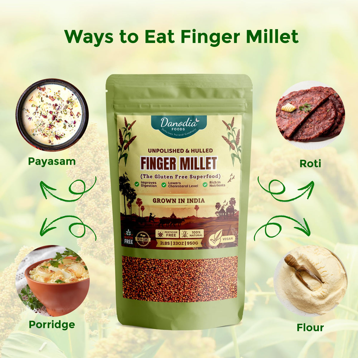 Danodia Foods finger millet porridge steaming in a bowl with cocoa notes