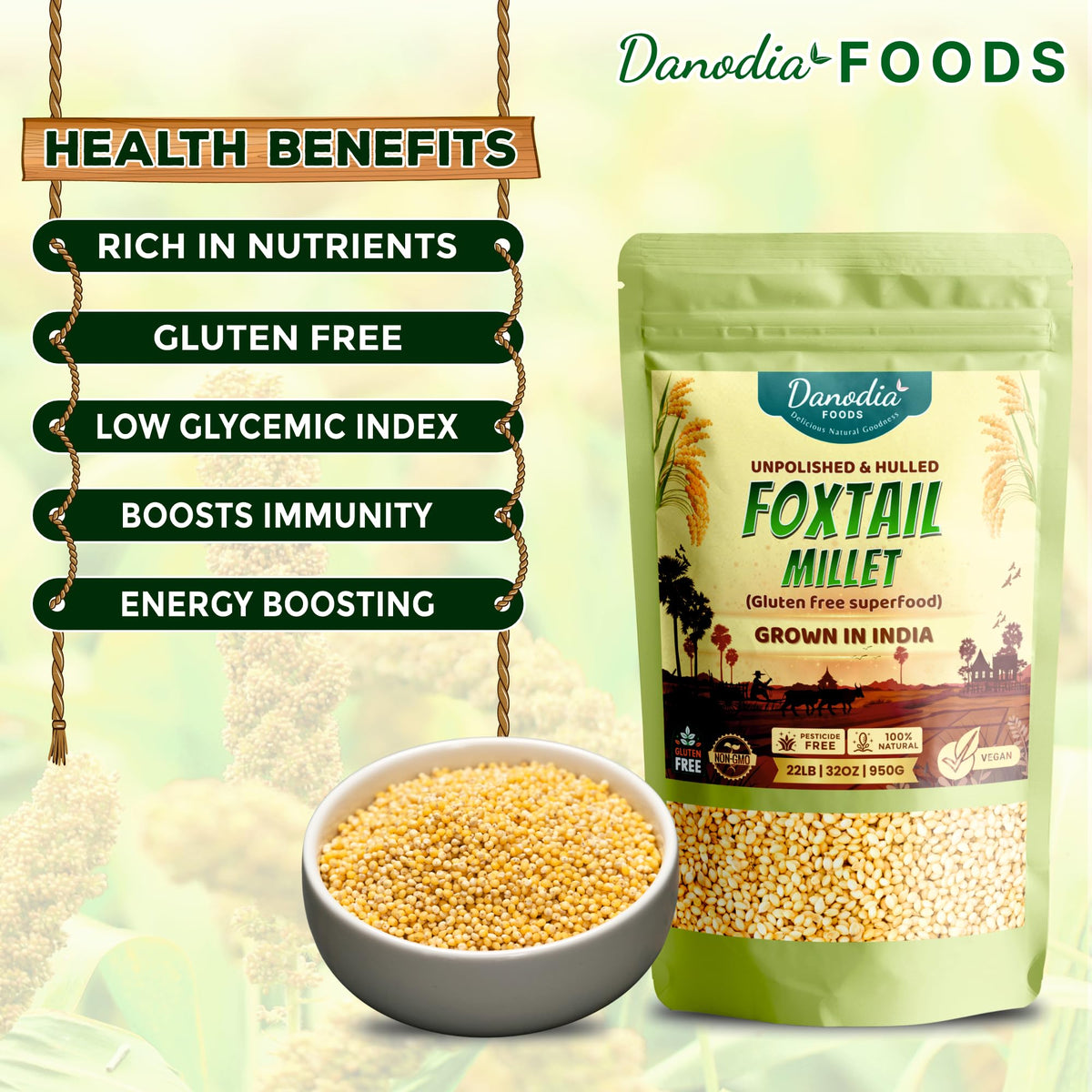 Danodia Foods Foxtail Millet in a bowl, ready for quick soak and fluffy texture.