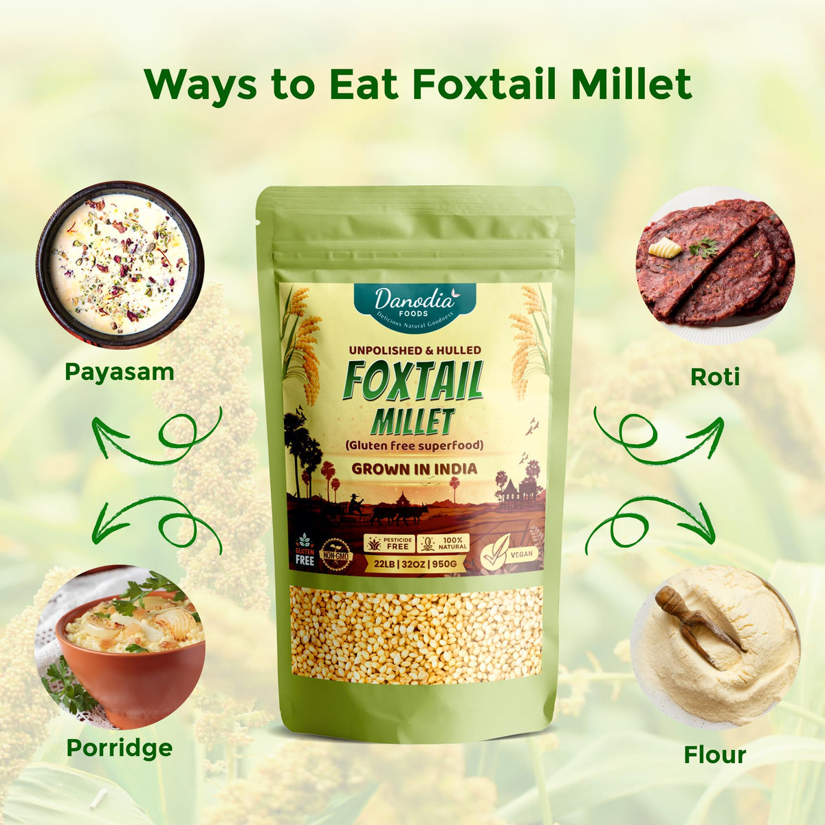 Cooked Danodia Foods Foxtail Millet in a bowl, light and fluffy.