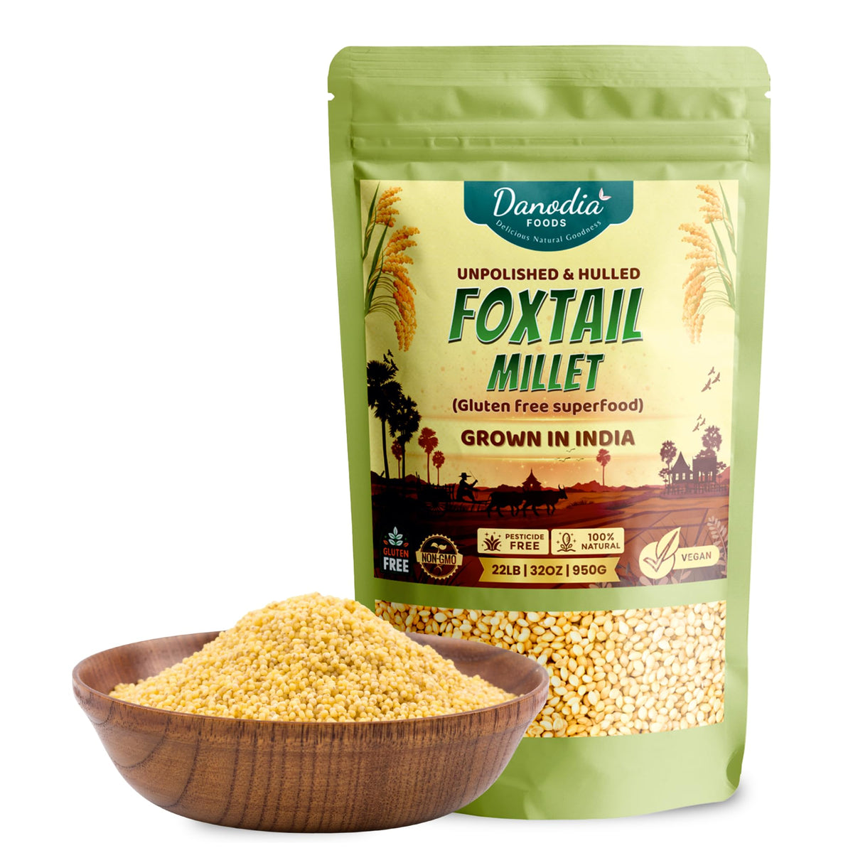 Danodia Foods Foxtail Millet pack on counter, gluten-free grain for versatile meals.