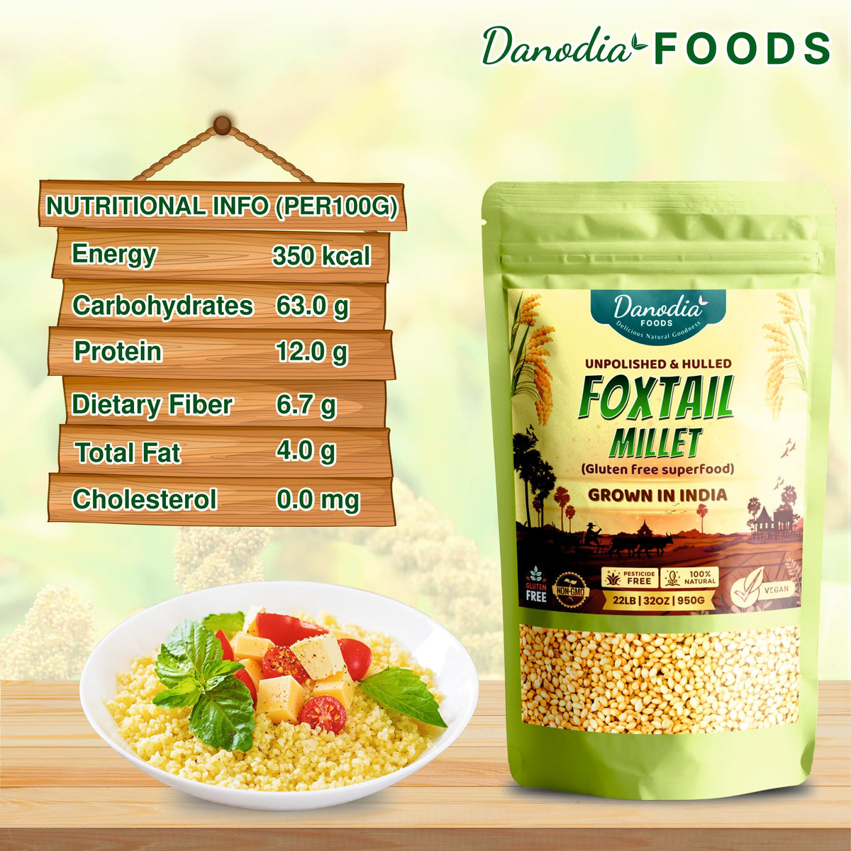 Soaked Danodia Foods Foxtail Millet, softer grains ready for faster cooking.
