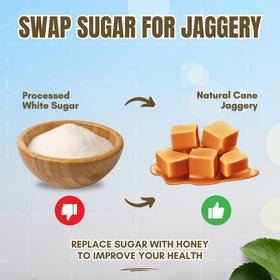Danodia Foods jaggery cubes with natural texture showing clumps; press gently for sprinkle-ready use.