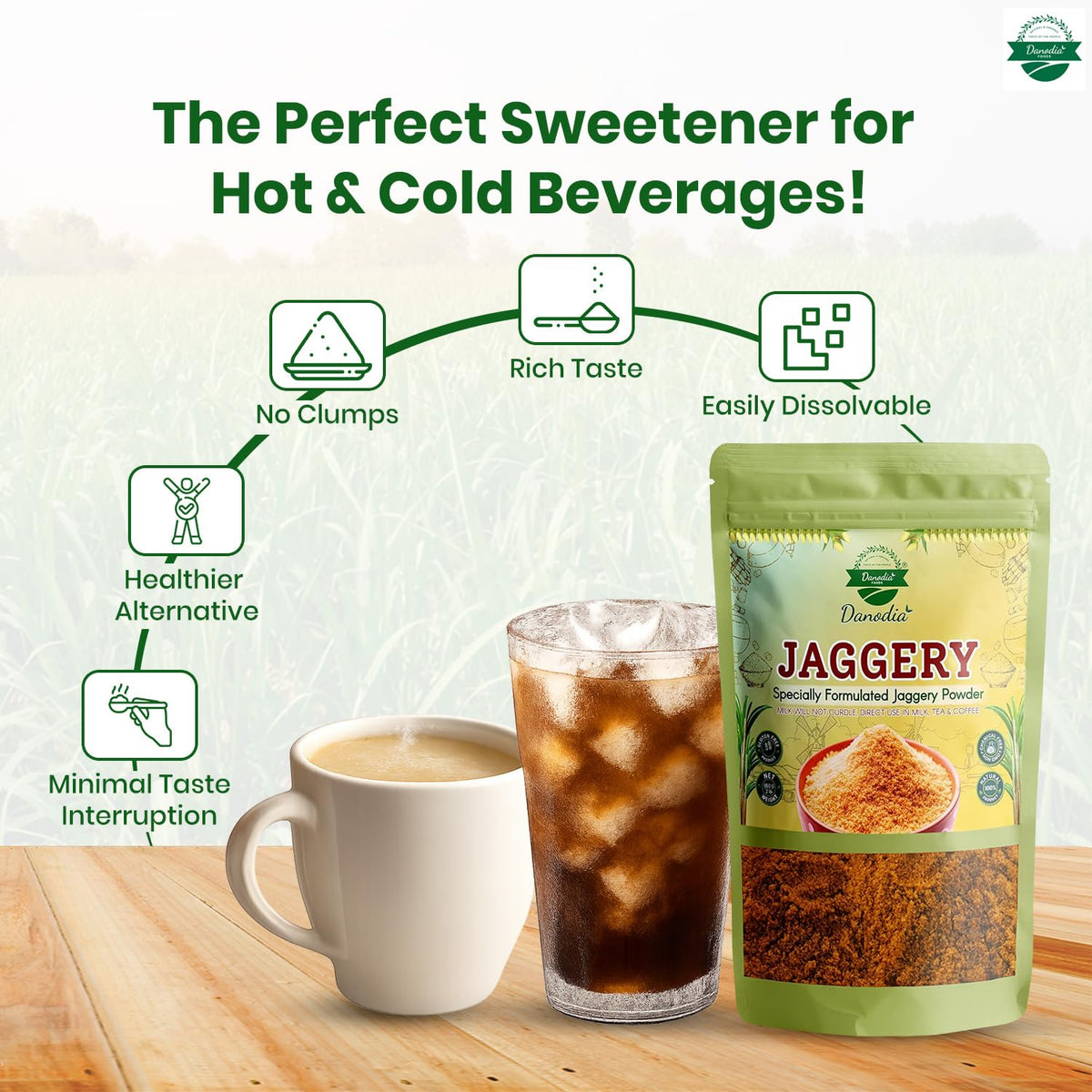 Danodia Jaggery Powder whisked into tea for natural sweetness.