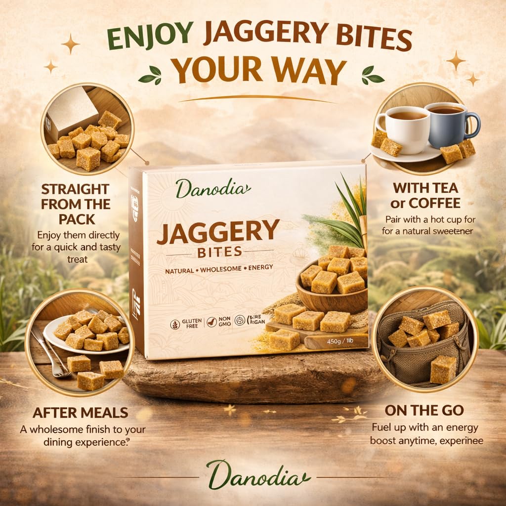 Danodia Jaggery Bites pairing with granola and porridge for flavor depth.
