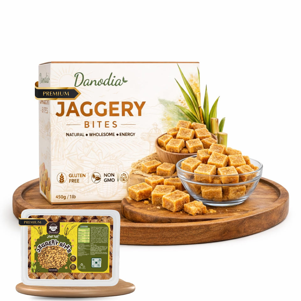 Danodia Jaggery Bites 1 lb pack shown for convenient snacking and versatile sweetness.