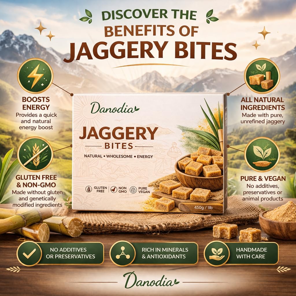 Close-up of Danodia Jaggery Bites texture highlighting rustic artisanal cuts.