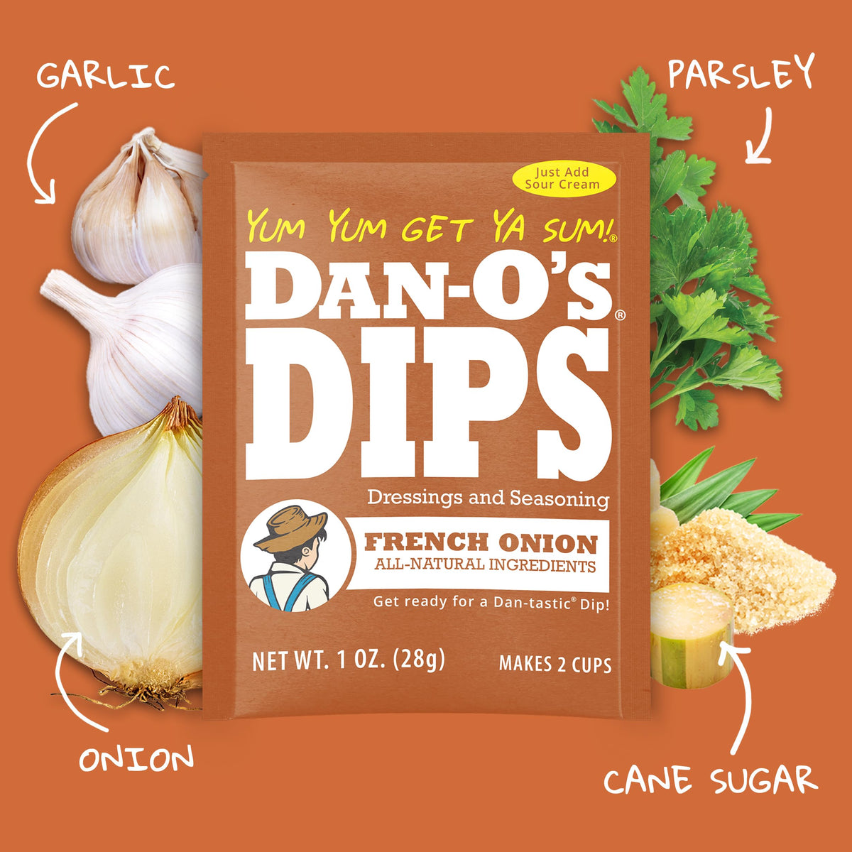 Dan-O's Dill dip packet adds herby flavor to chips.