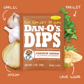 Dan-O's Dill dip packet adds herby flavor to chips.