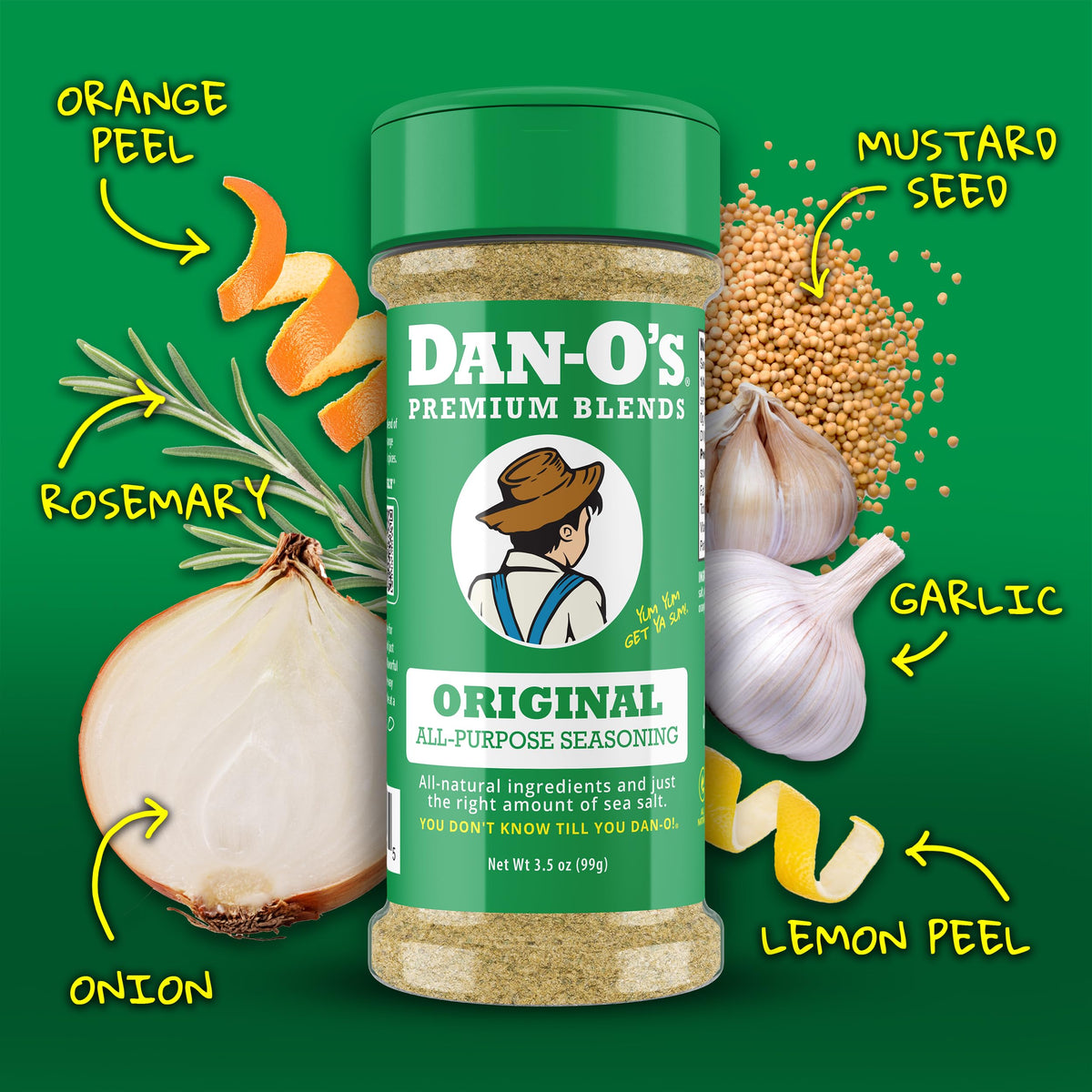 Dan-O's Preem-O seasoning bottle for versatile rubs and quick marinades.