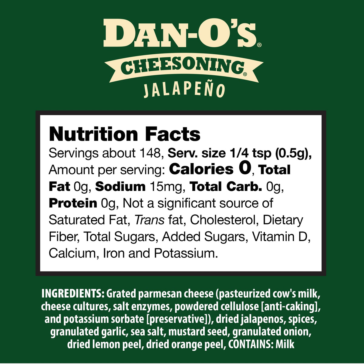 Close-up of Dan-O's seasoning bottle highlighting zero-calorie, sugar-free formula.