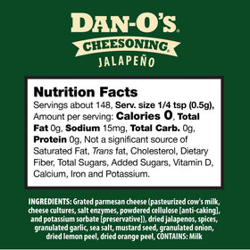Close-up of Dan-O's seasoning bottle highlighting zero-calorie, sugar-free formula.