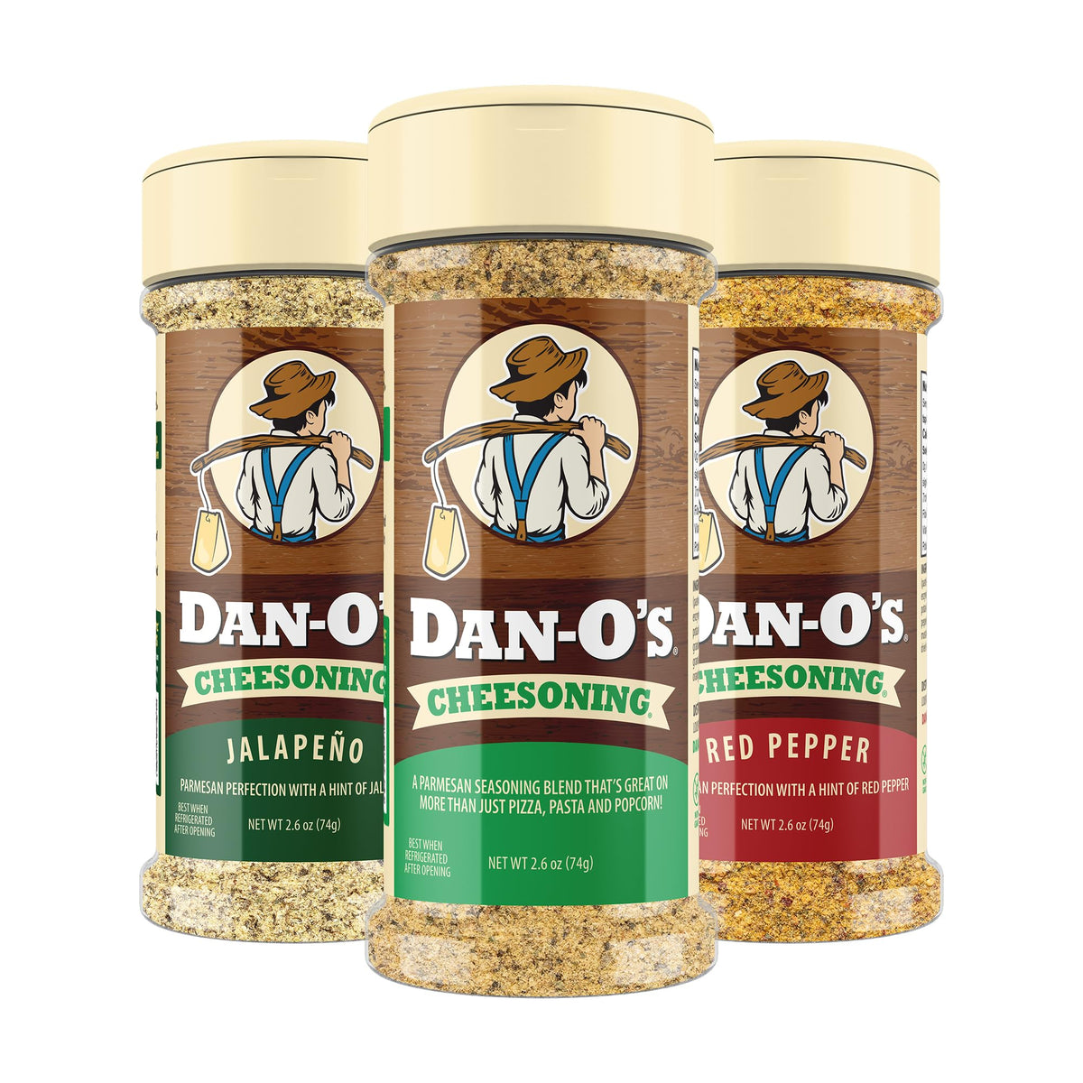 Dan-O's Red Pepper Cheesoning bottle from the three-pack, ideal for pizza seasoning.