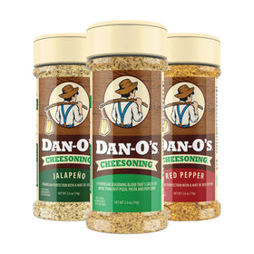 Dan-O's Red Pepper Cheesoning bottle from the three-pack, ideal for pizza seasoning.