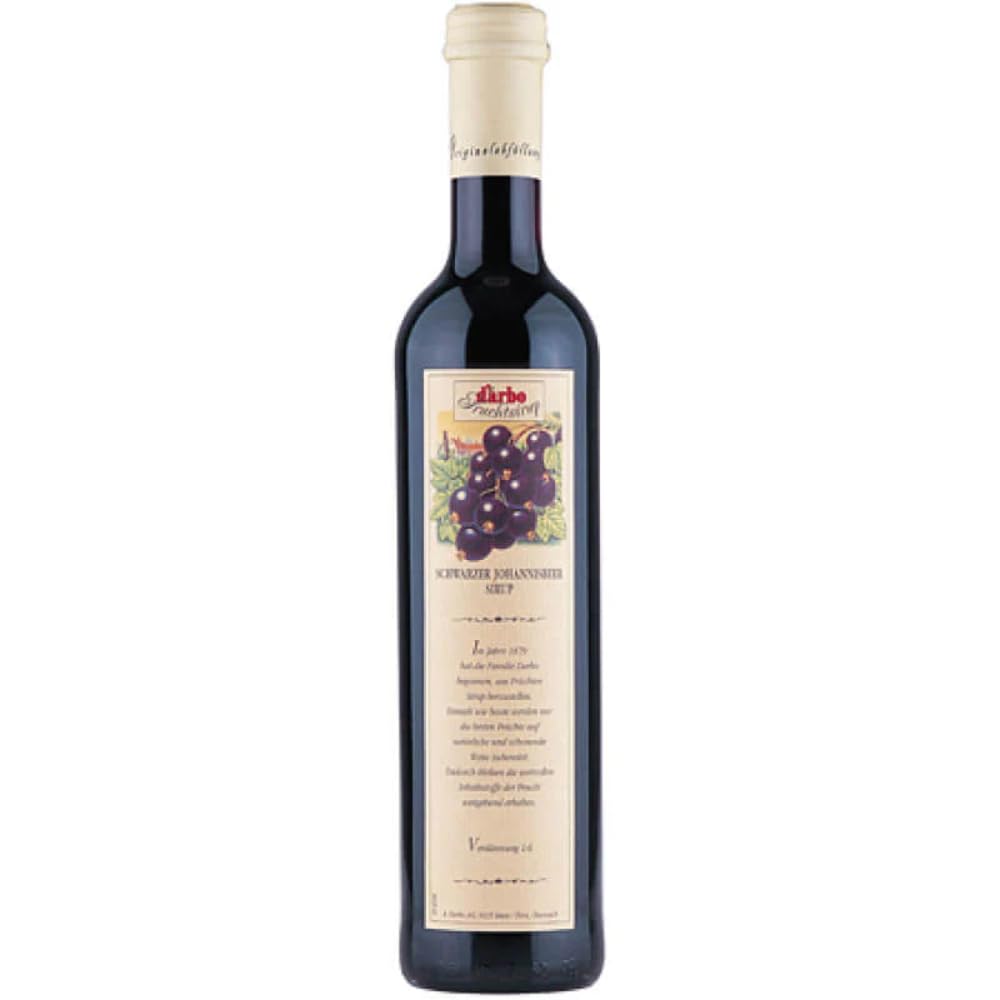 Darbo black currant syrup bottle for enhancing desserts and cocktails with natural fruit flavor.