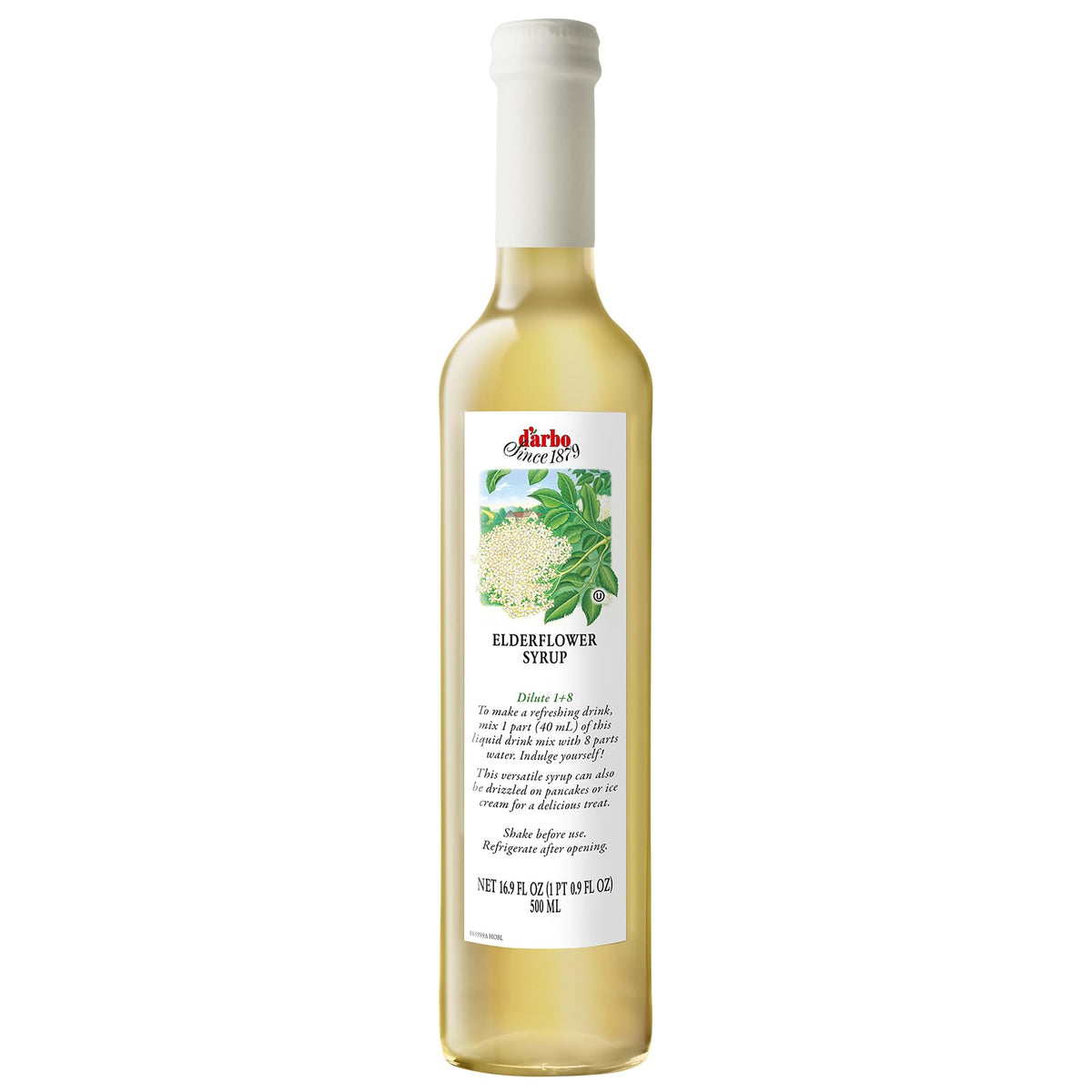 D’arbo elderflower syrup bottle for premium flavor in cocktails.