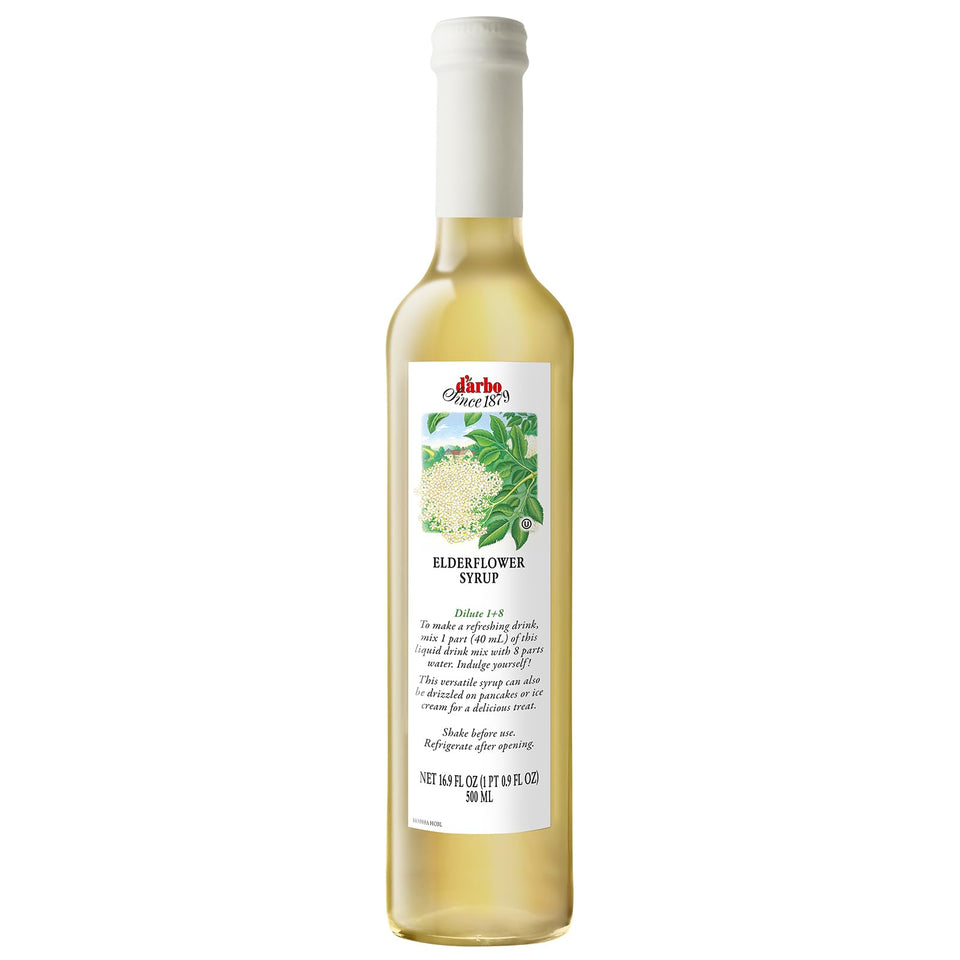 D’arbo elderflower syrup bottle for premium flavor in cocktails.