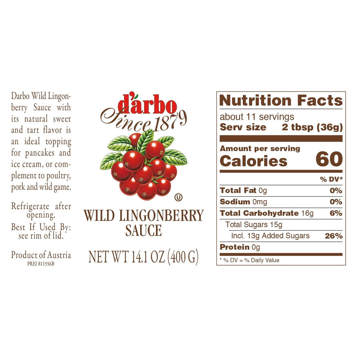 Darbo Lingonberry Sauce 60-fruit-content emphasis highlights rich fruit flavor in every bite.