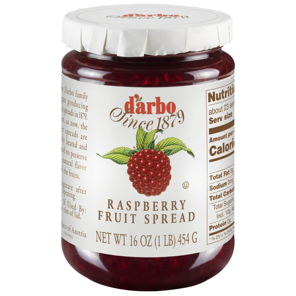 d'arbo raspberry fruit spread 16oz jar with smooth texture for toast