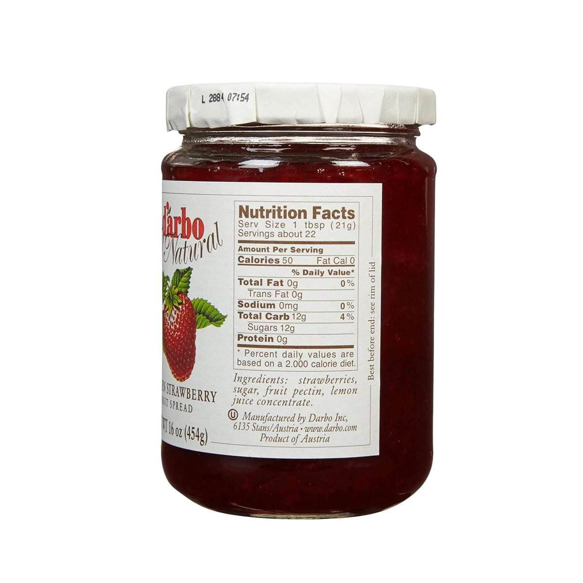 Open jar of Darbo strawberry spread ready for toast or pancakes.