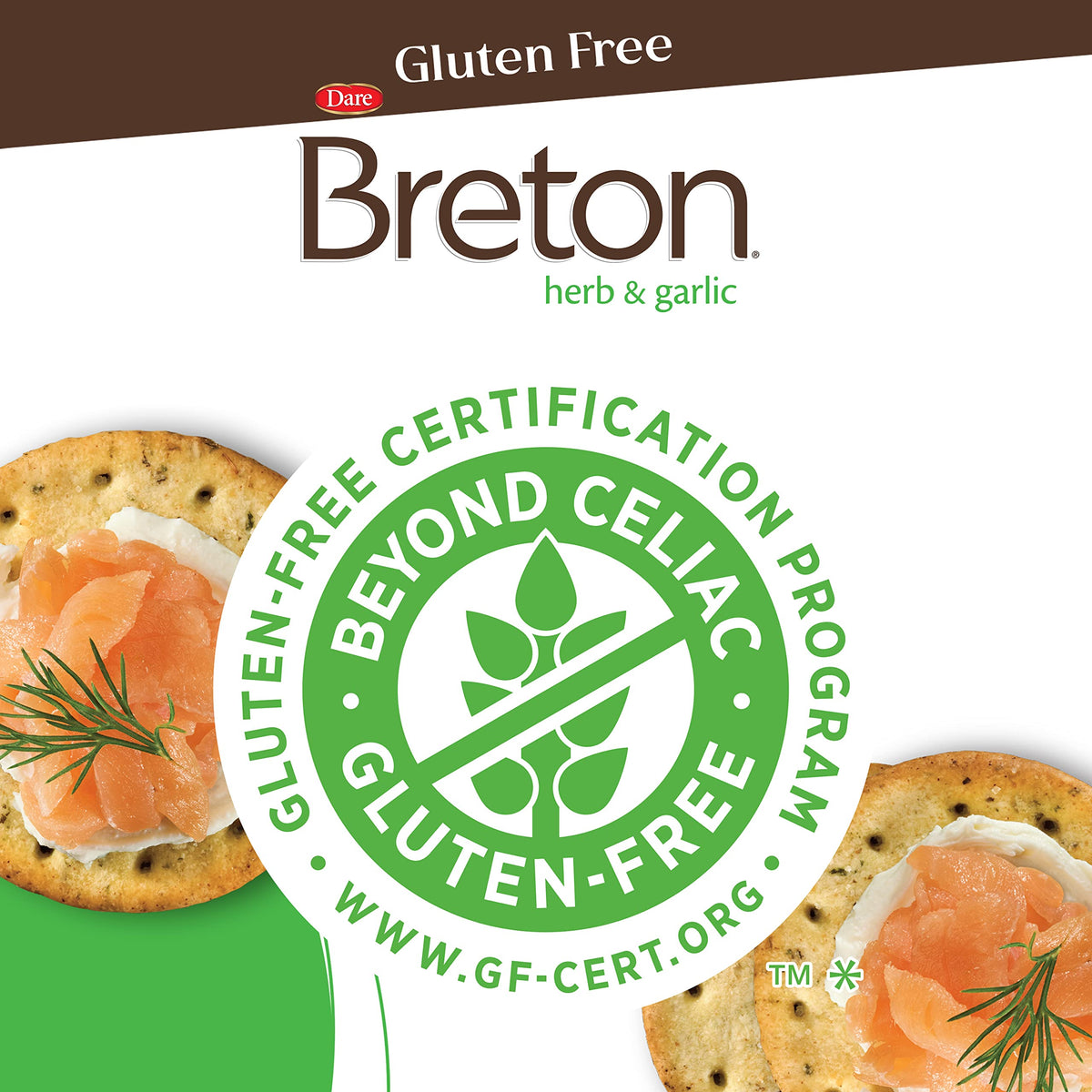 Dare Breton crackers show tapioca and green lentil flour for easy digestion.