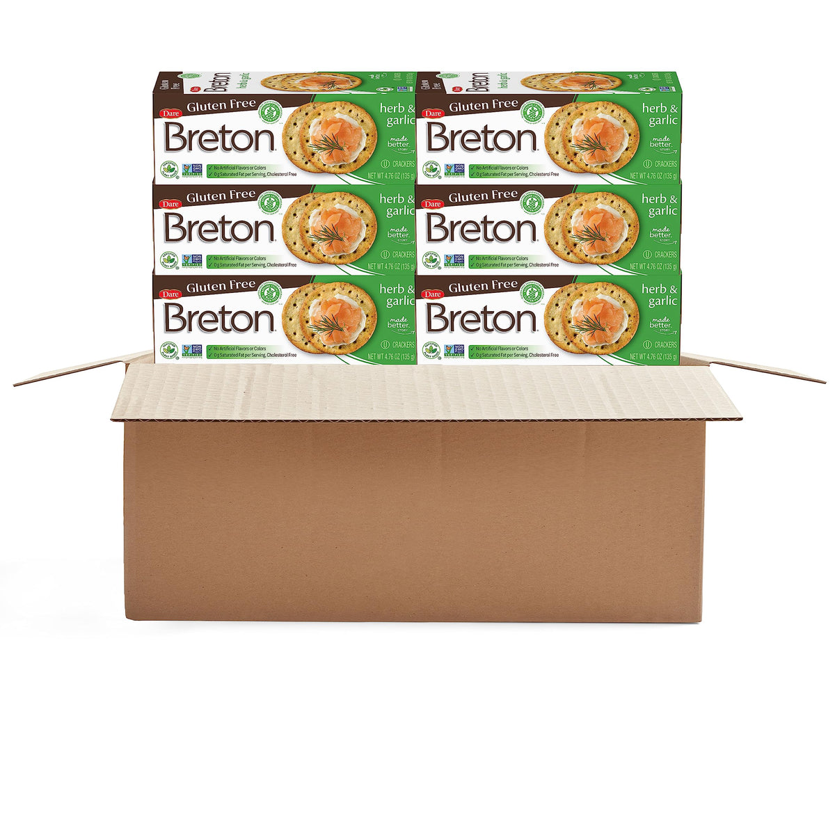 Dare Breton herb and garlic gluten-free crackers 6-pack box, perfect for dips and snacks.