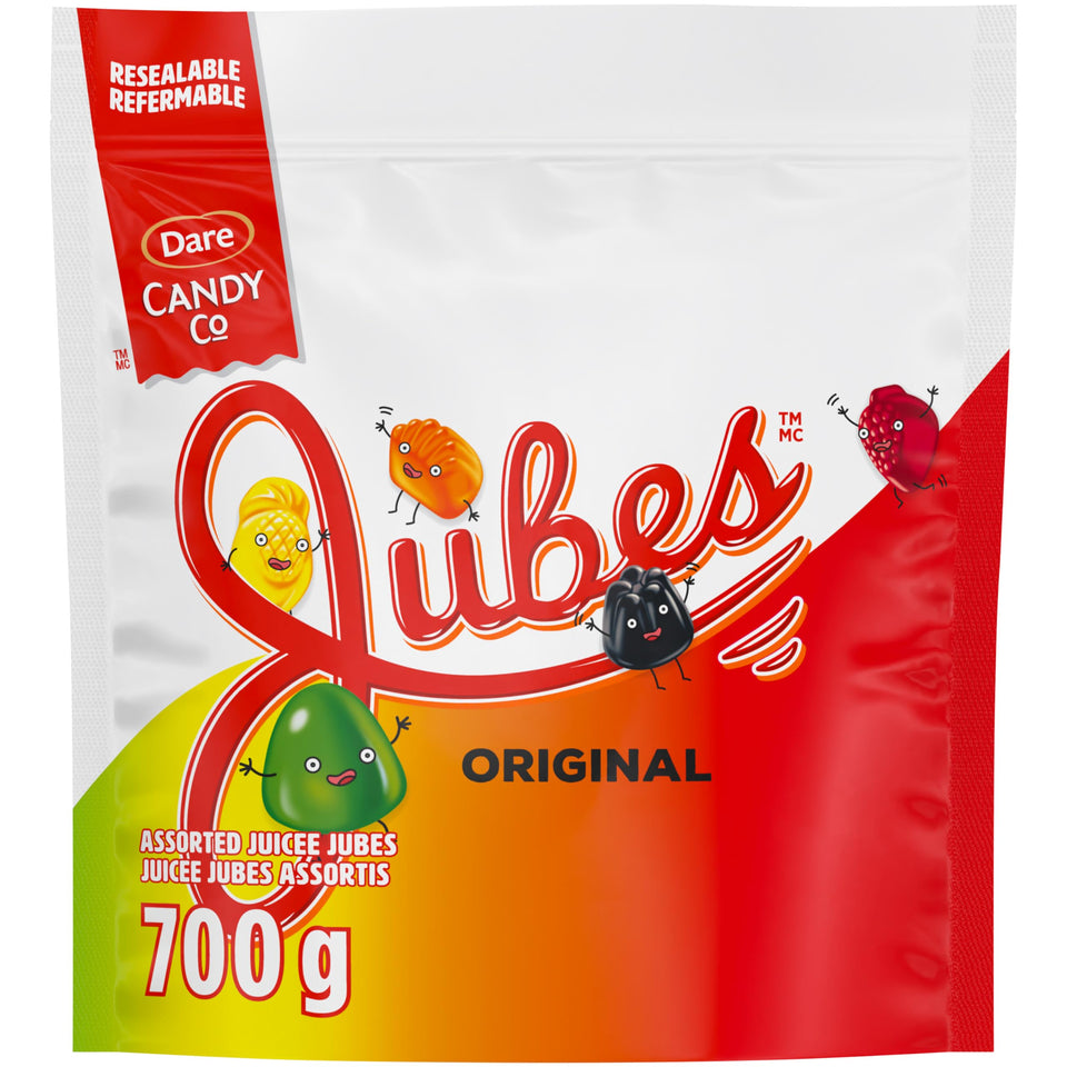 Dare Juicee Jubes mixed fruit front bag for on-the-go snacking.