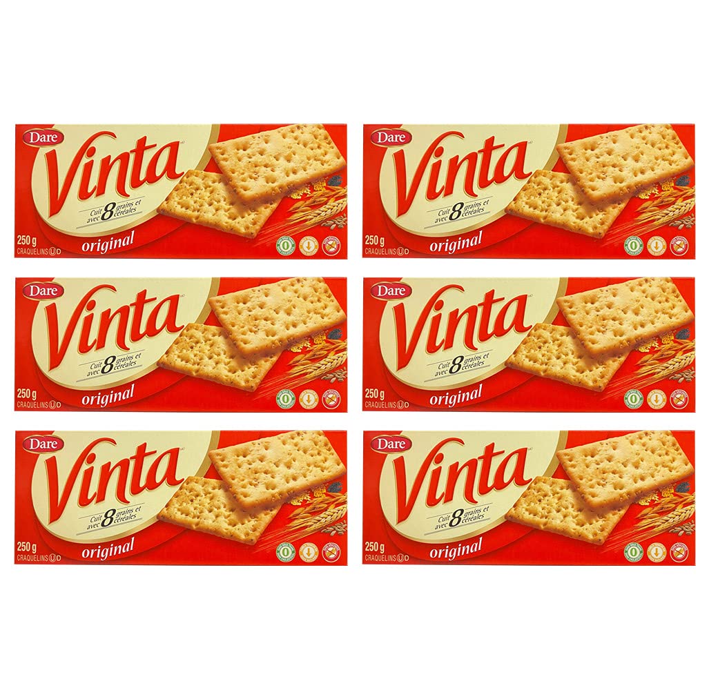 Dare Cracker Vinta Original Crackers pack shot showing a 6-pack and Canadian import