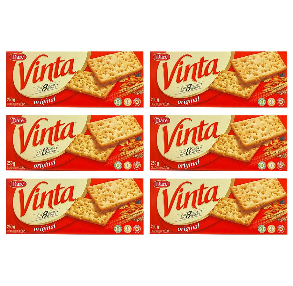 Dare Cracker Vinta Original Crackers pack shot showing a 6-pack and Canadian import