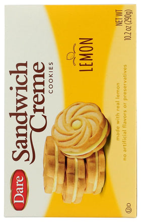 Close-up of Dare Creme Cookies Lemon lemon-cream filling.