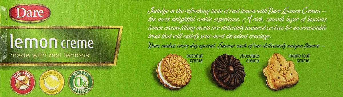 Dare Lemon Creme Sandwich Cookies closeup: buttery cookies and lemon filling, ideal for snacking and sharing.