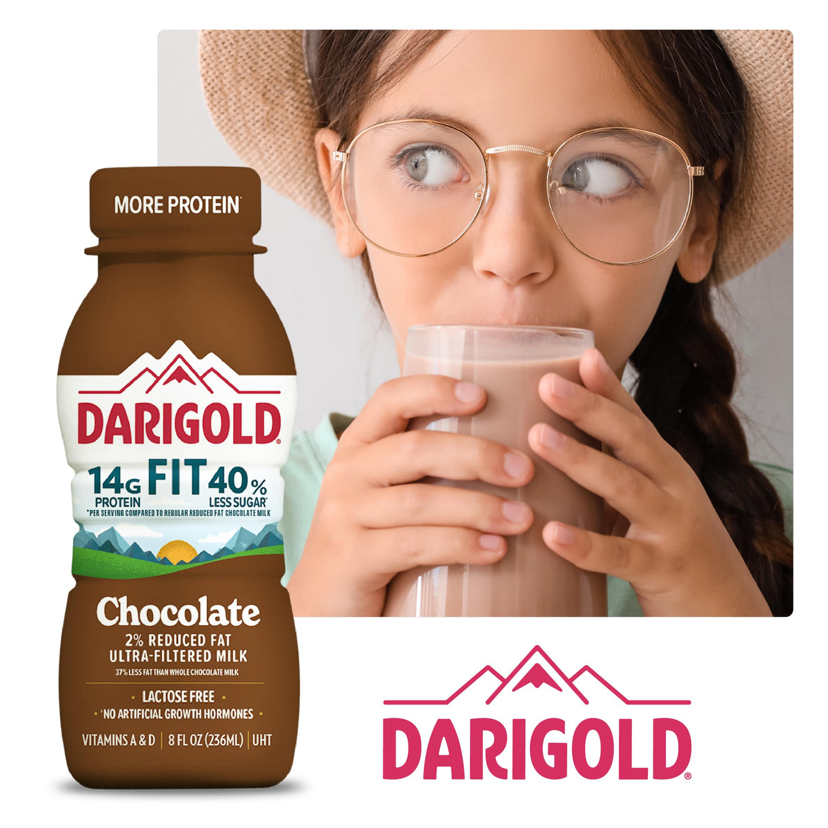 18-pack of Darigold Fit bottles signals long shelf life and easy stocking.