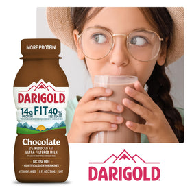 18-pack of Darigold Fit bottles signals long shelf life and easy stocking.