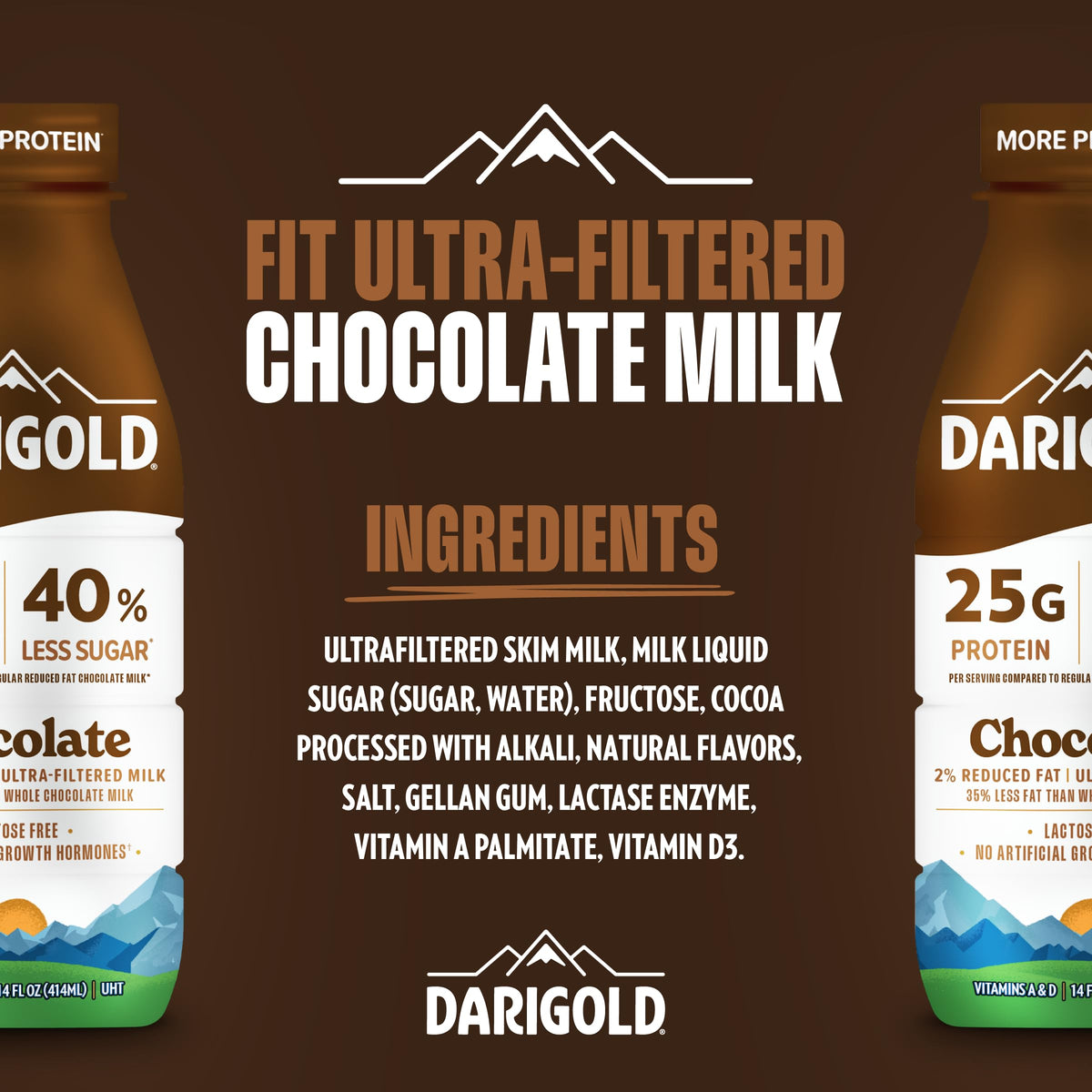 Darigold FIT chocolate milk bottle front, ultra-filtered 25g protein per serving.