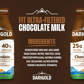 Darigold FIT chocolate milk bottle front, ultra-filtered 25g protein per serving.