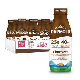 Darigold FIT chocolate milk bottle pouring into glass, high-protein drink for workouts.