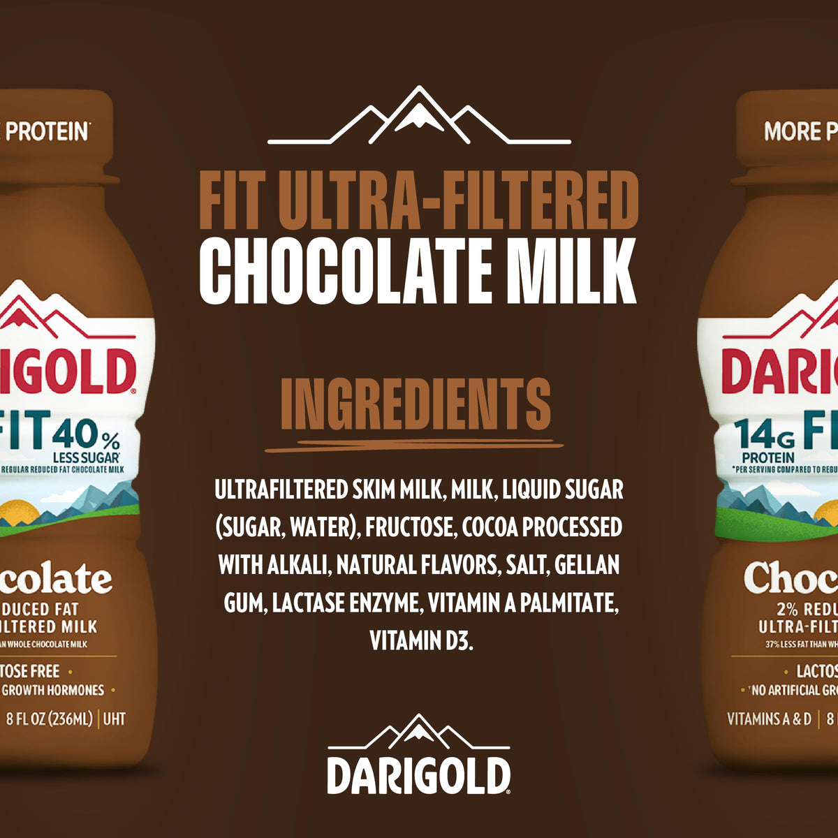 Pouring Darigold Fit chocolate milk highlights convenient 8oz serving for on-the-go nutrition.