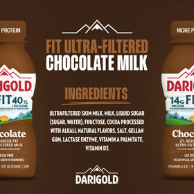 Pouring Darigold Fit chocolate milk highlights convenient 8oz serving for on-the-go nutrition.
