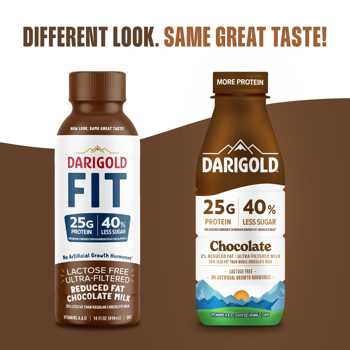 Nutrition label close-up shows 25g protein and reduced sugar for Darigold FIT.