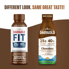 Nutrition label close-up shows 25g protein and reduced sugar for Darigold FIT.