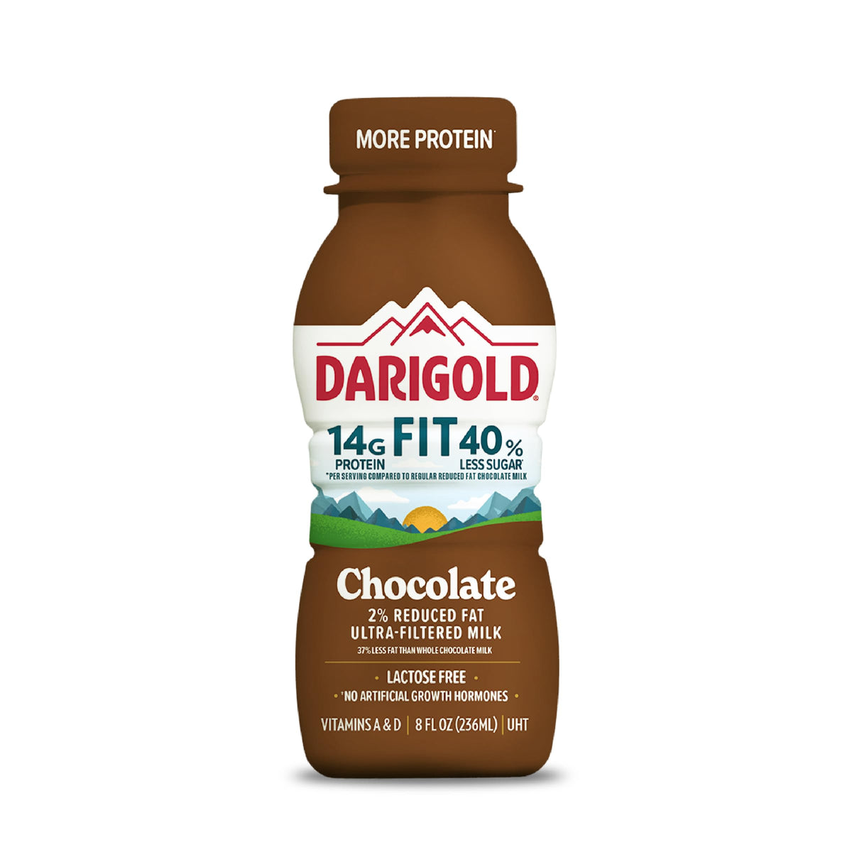Nutrition label highlights 14g protein and 40% less sugar per serving.