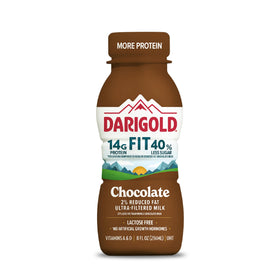 Nutrition label highlights 14g protein and 40% less sugar per serving.