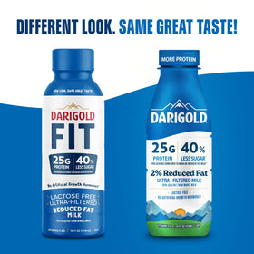 Darigold FIT nutrition label close-up shows protein per serving and minerals.