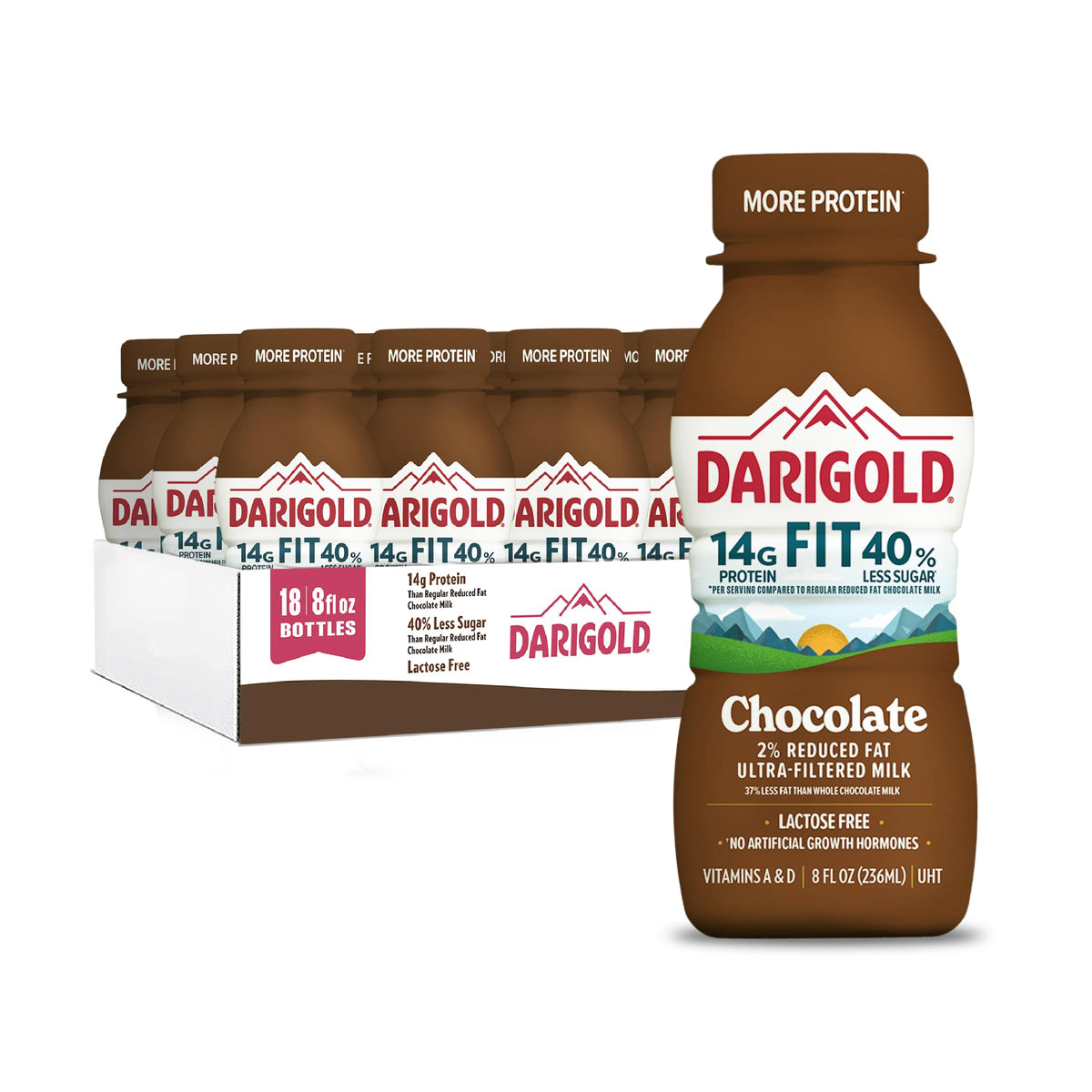 Darigold Fit ultra-filtered milk bottle showing protein-rich, smooth chocolate flavor for a quick breakfast.