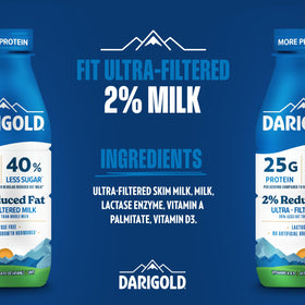 Darigold FIT ultra-filtered milk pouring highlights creamy texture with low sugar.