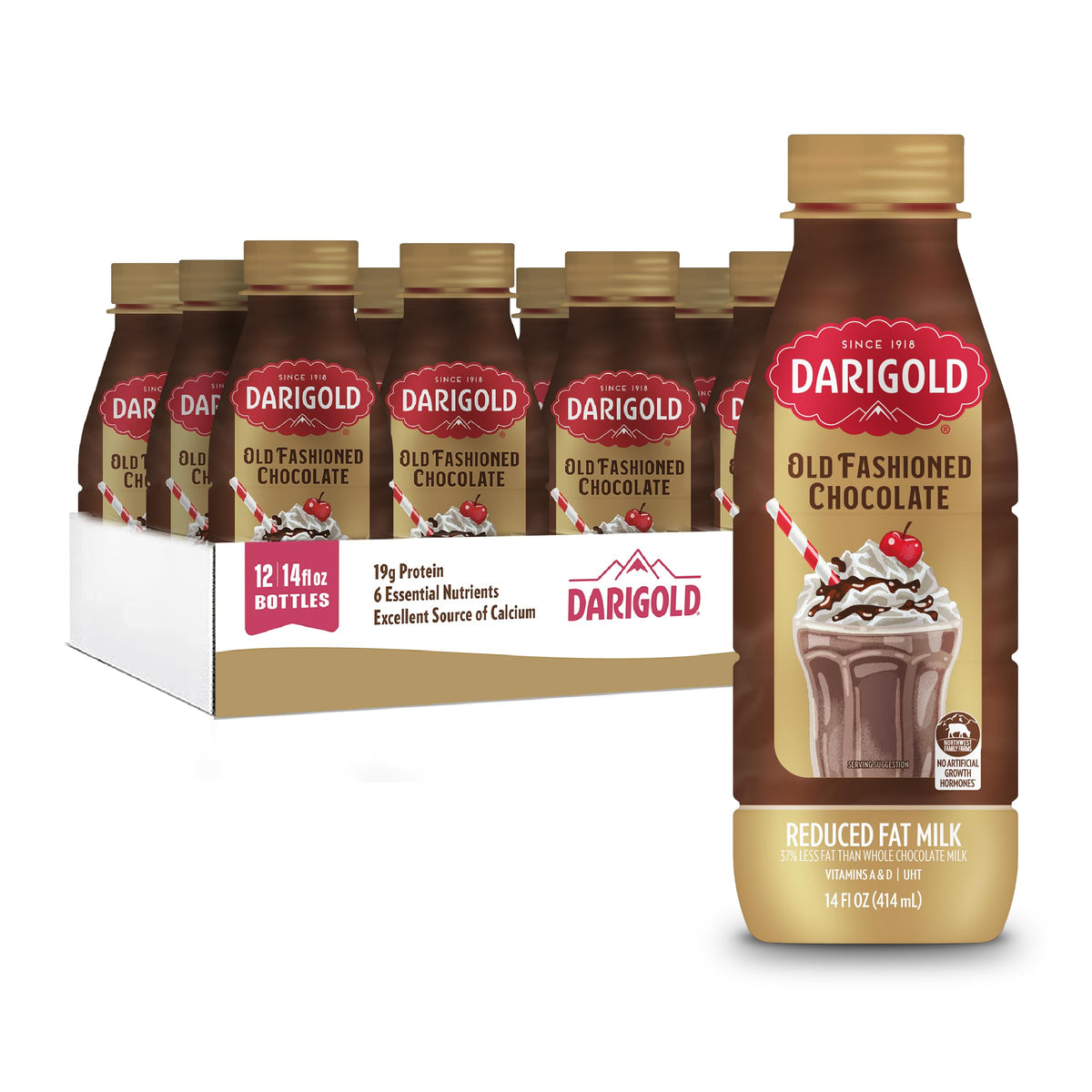 Darigold Old Fashioned Chocolate Milk 2% bottle—rich flavor and convenient 14 oz serving.