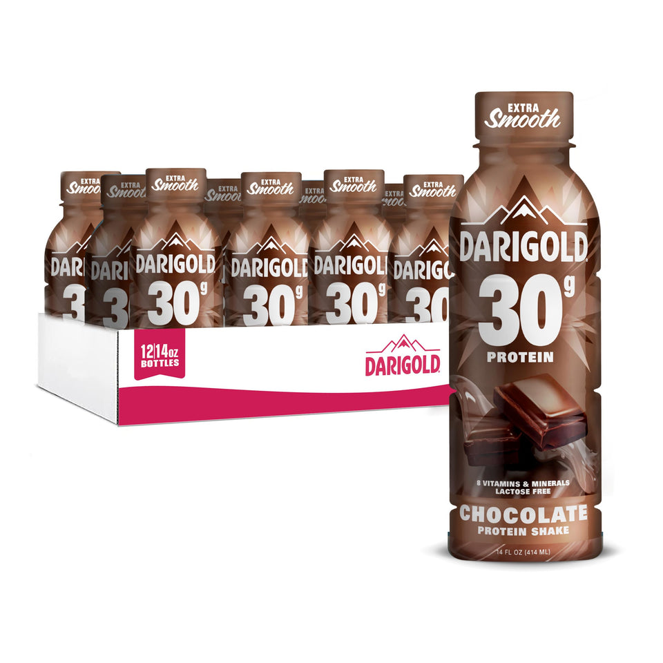 Darigold chocolate ready-to-drink protein shake bottle pour for on-the-go fueling