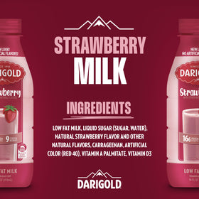 Darigold Strawberry 1 Percent Milk 12-pack front view shows bulk convenience.