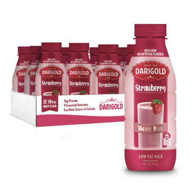 Darigold Strawberry 1 Percent Milk bottle pour highlights quick, convenient on-the-go refreshment.